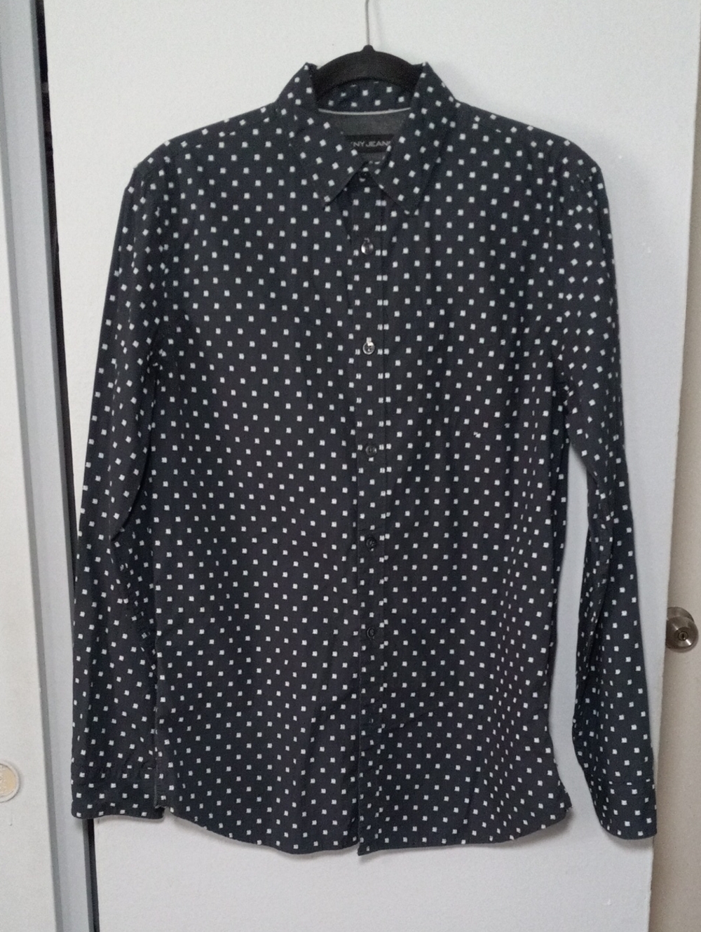 DKNY Black Button-Down Shirt with White Square Dots Size S
